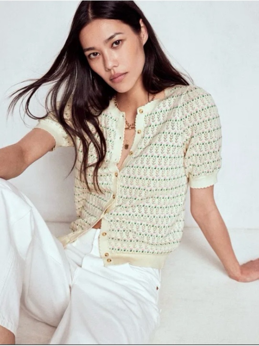 Boden Dot Pointelle Cardigan XL Cream Pink Green Cotton Puff Sleeve Sweater - Picture 3 of 15